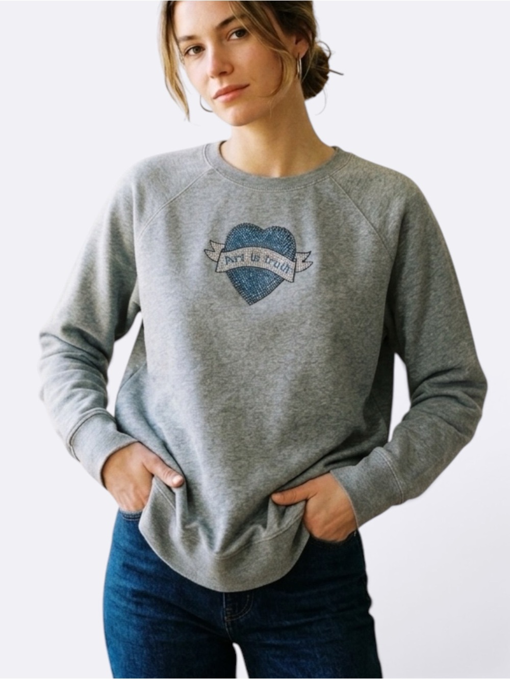 Zadig & Voltaire Upper Heart Strass Sweatshirt Grey Rhinestone Art Is Truth S
